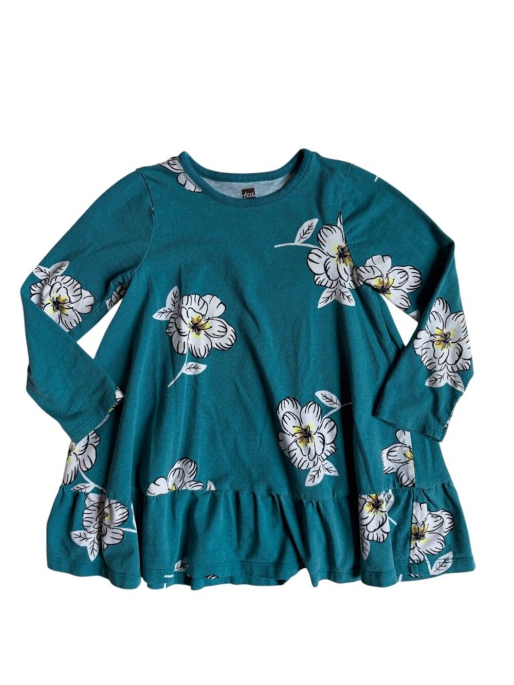Tea Collection Ruffle Hem Dress (Teal & White Floral) - Size 3T